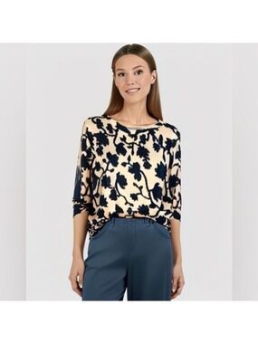 LOFT Embroidered Stitched Floral Vine Navy Blue Knit